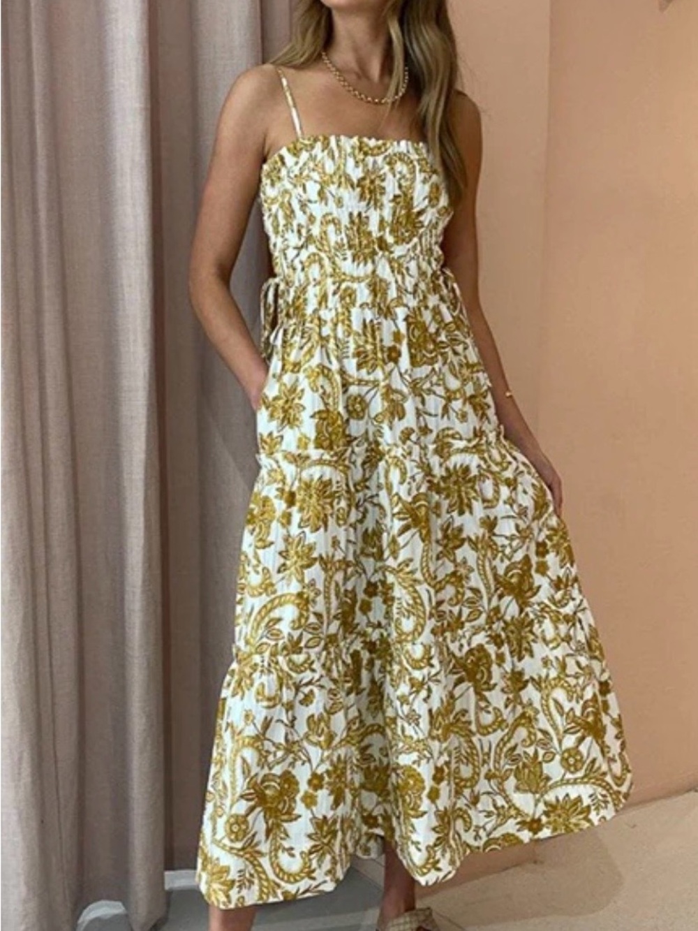 NWOT SHONA JOY Saffron Shirred Tiered Midi Dress Size 4